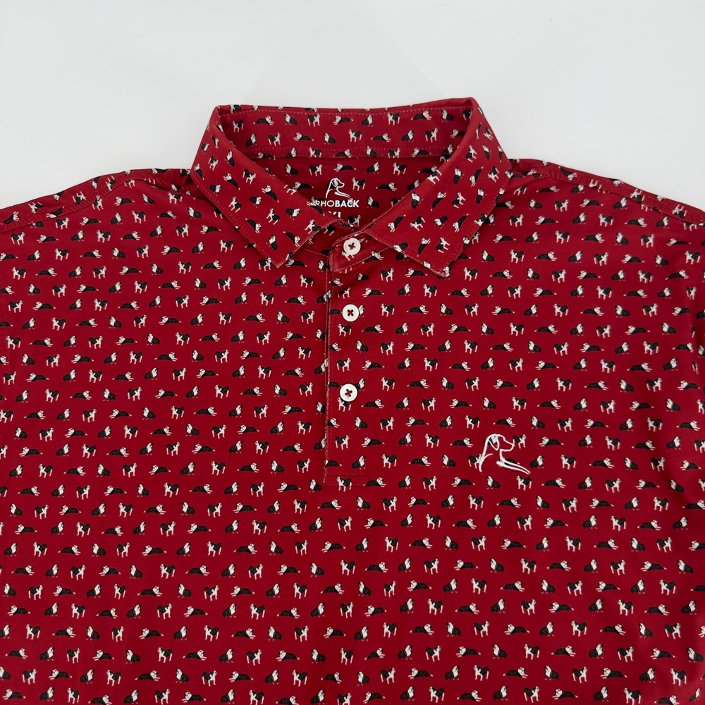 Rhoback Mens XL Performance Polo Shirt Red Bulldog Print Short Sleeve Golf Tee